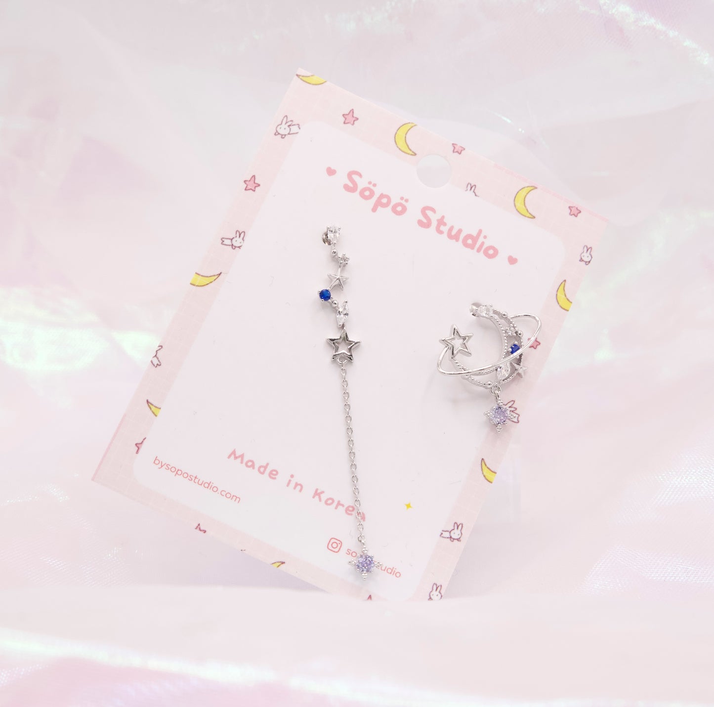 Asymmetric Saphire Blue Moon Planet Dangle Korean Dainty Style Earrings