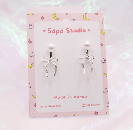 Ribbon Pearl Elegant Cute Studs Korean Dainty Style Earrings