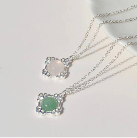 Sterling Silver Natural Stone Royal Romance Elegant Korean Necklace - Agate/Rose Quartz Stone