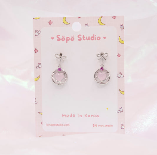 Pastel Pink Crystal Heart Planet Dangle Korean Dainty Style Earrings