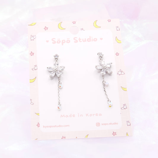 Glass Cubic Flower Chain Drop Korean Earrings