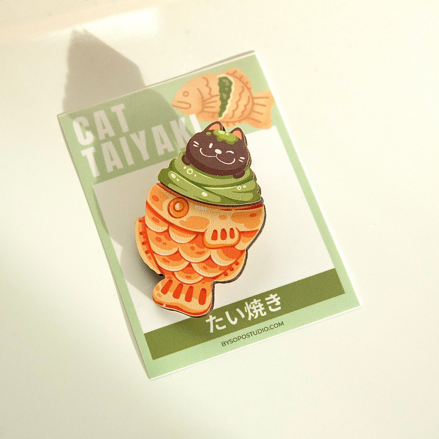 Japanese Food Ramen Taiyaki Black Cat Wooden Pin - 2 layers