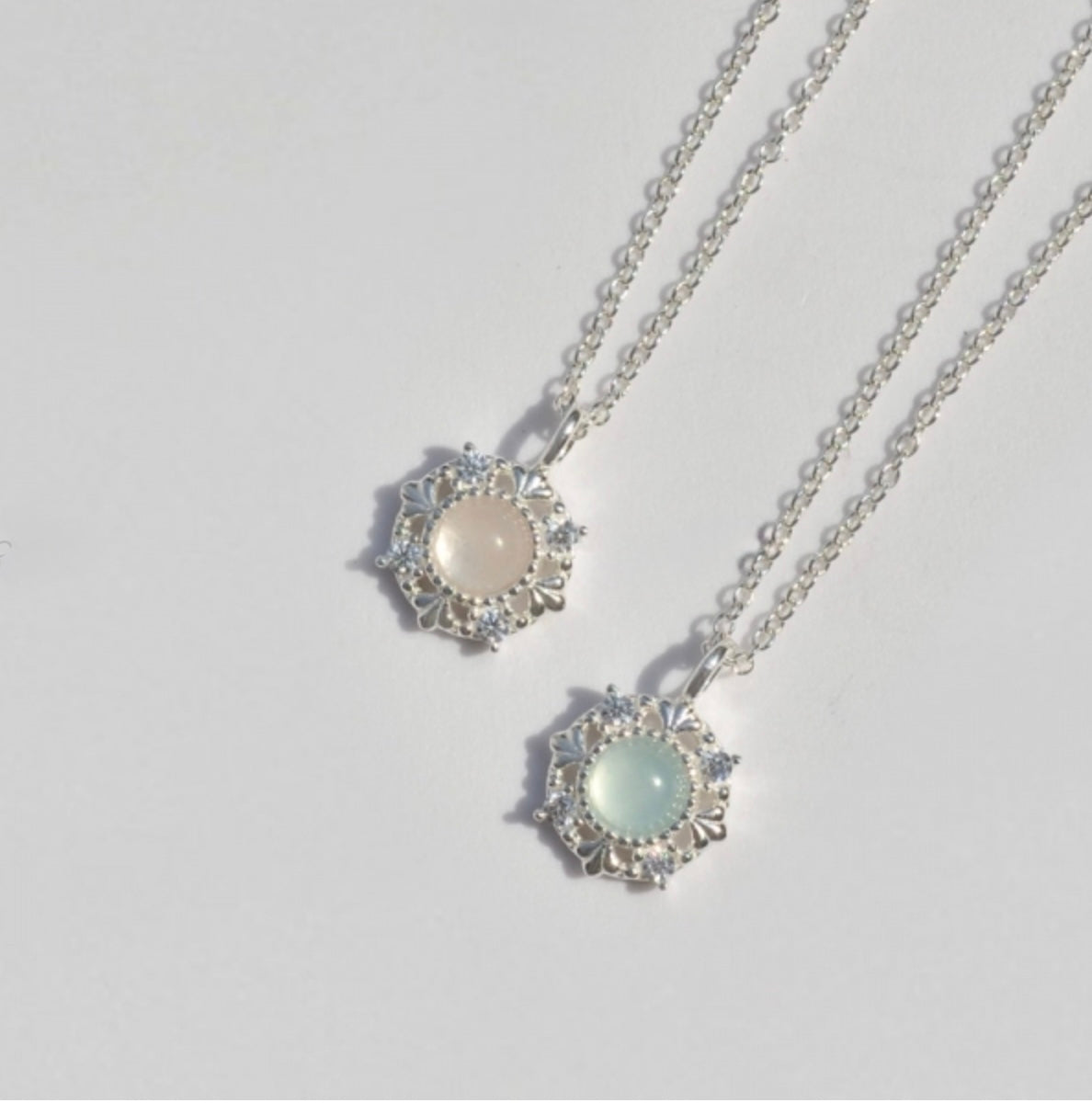 Sterling Silver Natural Stone Royal Romance Elegant Korean Necklace - Aquamarine/Rose Quartz Stone