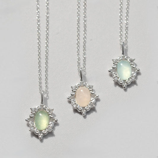 Sterling Silver Natural Stone Royal Romance Elegant Korean Necklace - Agate/Rose Quartz/Aquamarine Stone