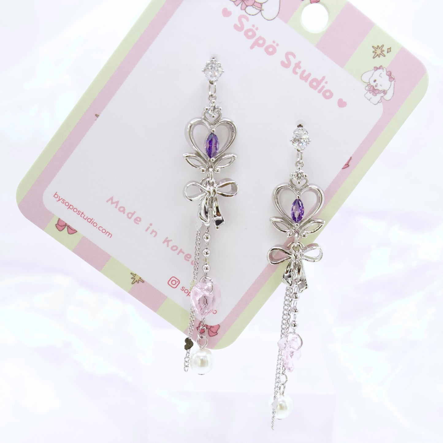Purple Angel Heart Fairy Ribbon Korean Dainty Style Earrings