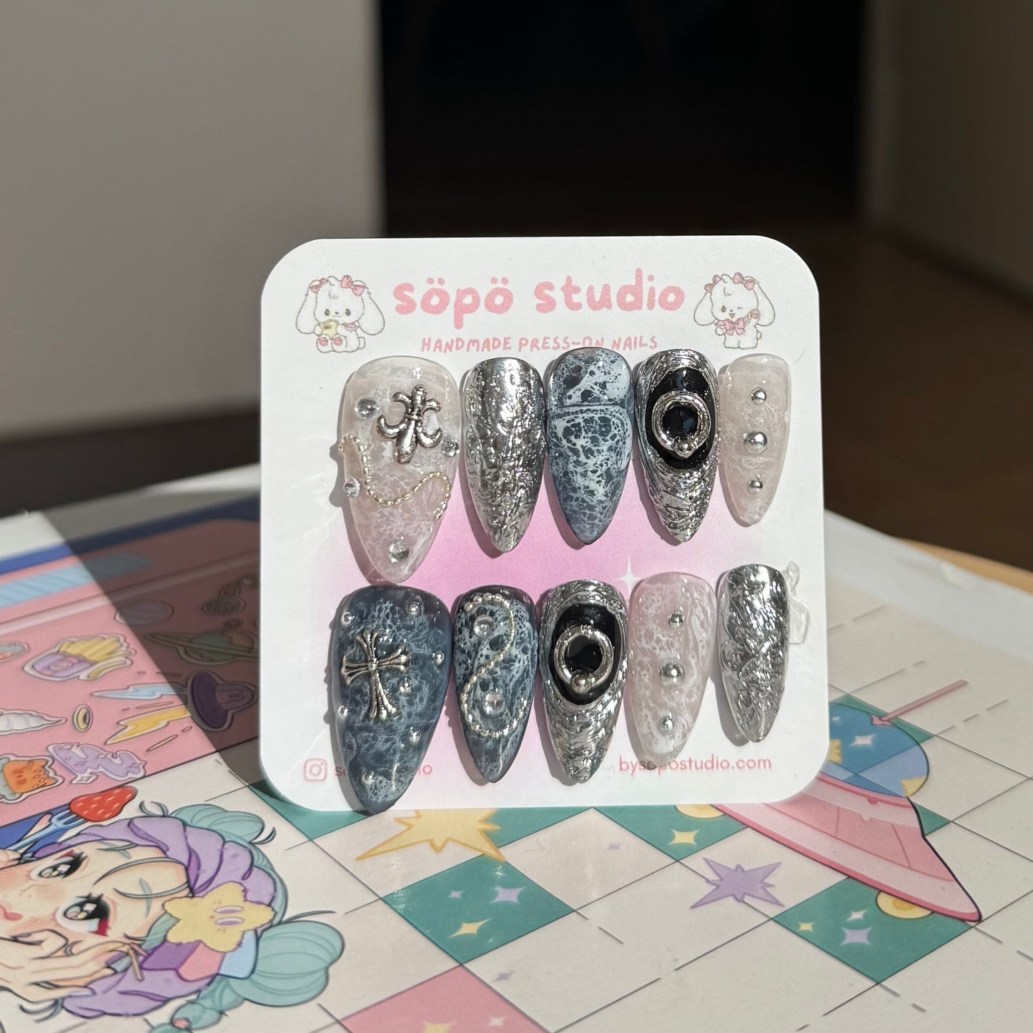 Dark Blue Gothic Silver Handmade Press-on Nails