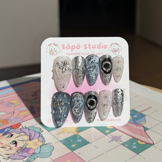 Dark Blue Gothic Silver Handmade Press-on Nails