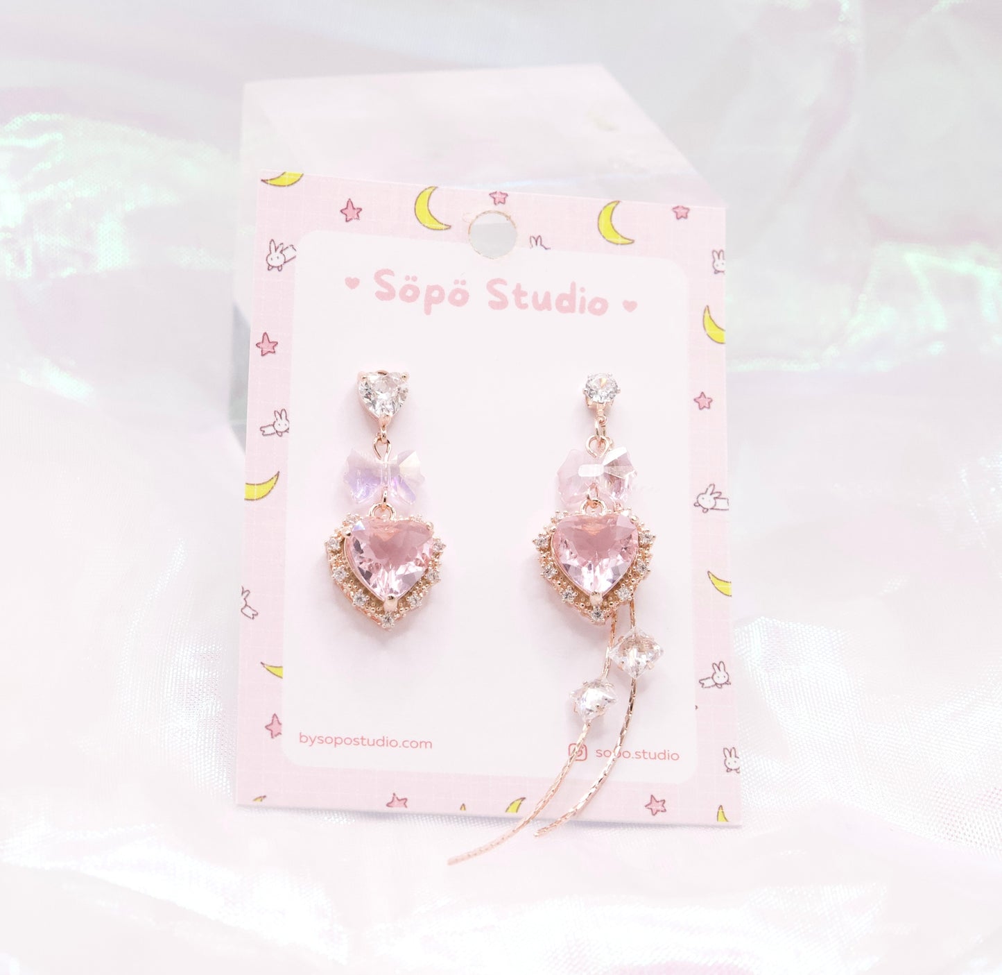 Crystal Pastel Pink Cute Heart Mis-matched Korean Earrings