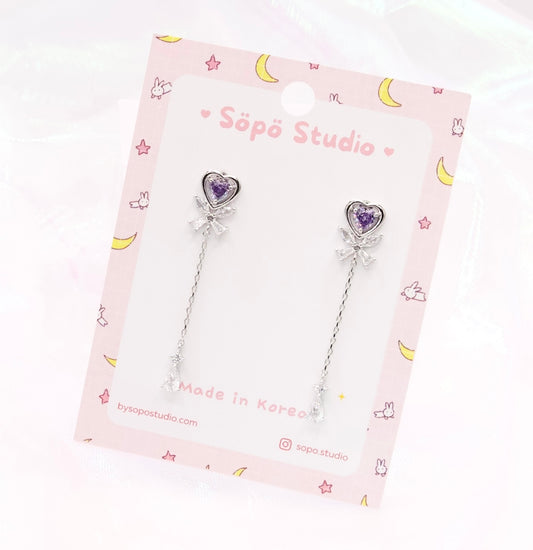 Aurora Purple Crystal Heart Chain Drop Dangle Korean Dainty Style Earrings