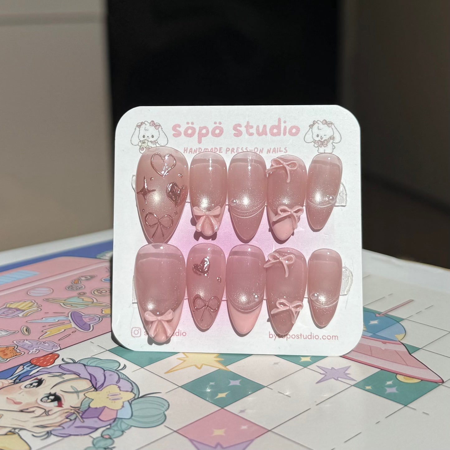 Coquette Pastel Pink Cat Eyes Ribbon Handmade Press-on Nails