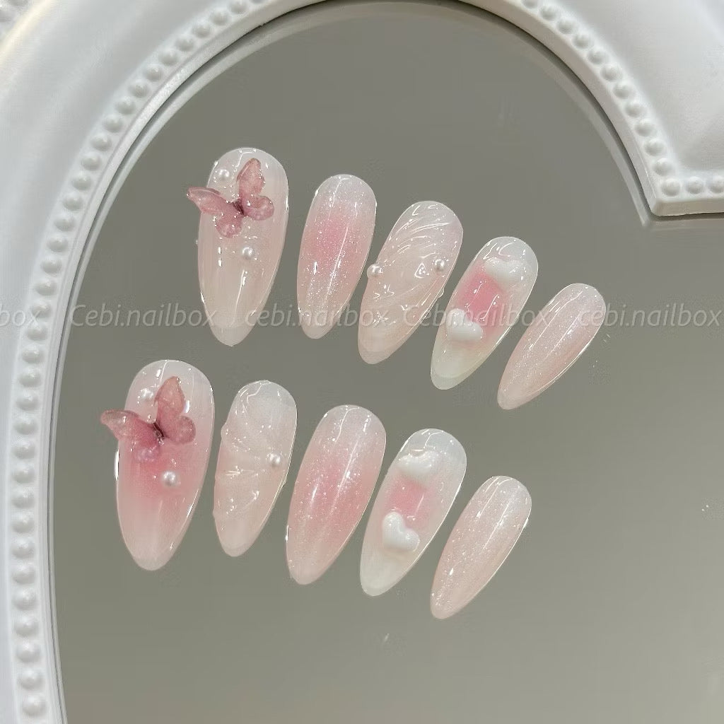 Handmade Gradients Korean Style Butterfly Bubble Heart Press-on Nails