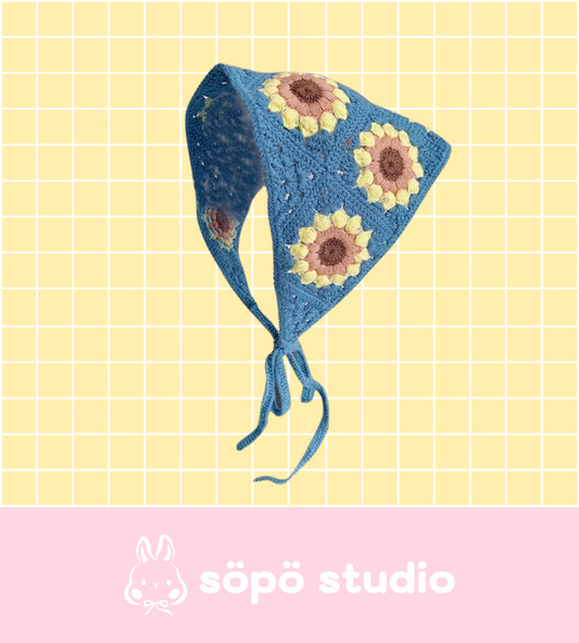 Crochet Triangle Cute Vintage Head Scarf - Blue Daisy