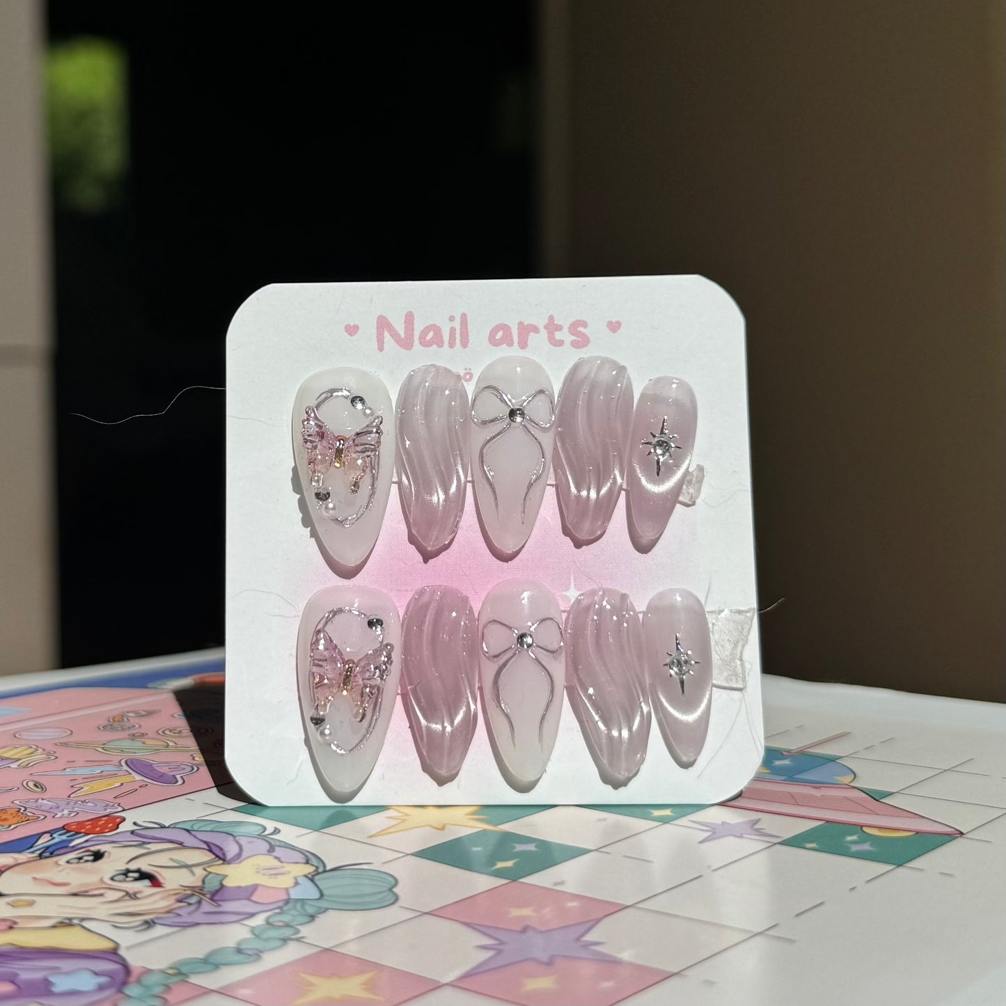 Pastel Glitter Purple Butterfly Cute Korean Style Handmade Press-on Nails
