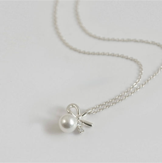 Sterling Silver Ribbon Swallow Pearl Elegant Korean Necklace