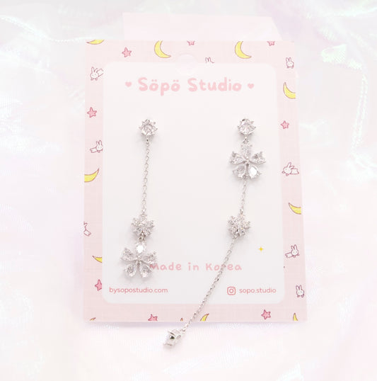 Mis-matched Crystal Floral Chain Drop Elegant Kpop Dangle Korean Dainty Style Earrings