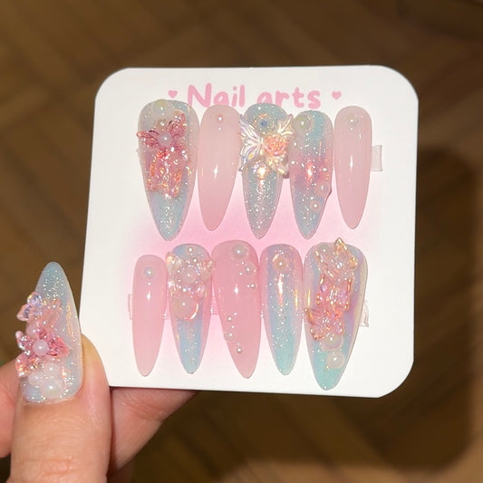 Glitter Kira Butterfly Hand Draw Handmade Press-on Nails