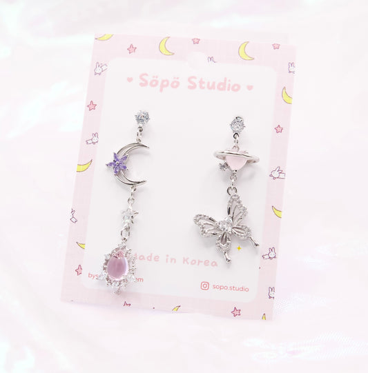 Mis-matched Butterfly Pastel Pink Kawaii Dangle Korean Dainty Style Earrings