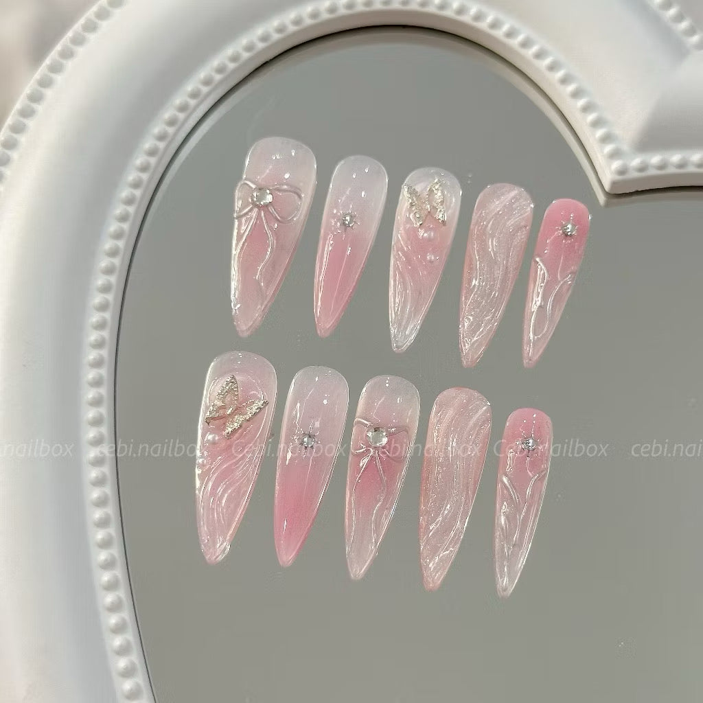 Handmade Gradients Korean Style Ribbon Y2K Cute Press-on Nails