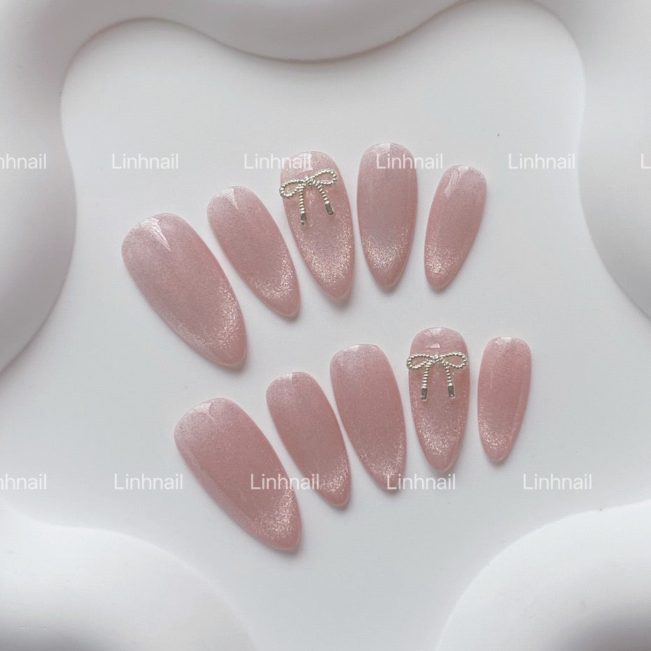 Handmade Pink Korean Style Ribbon Cat Eyes Effect Cute Minimalist Press-on Nails