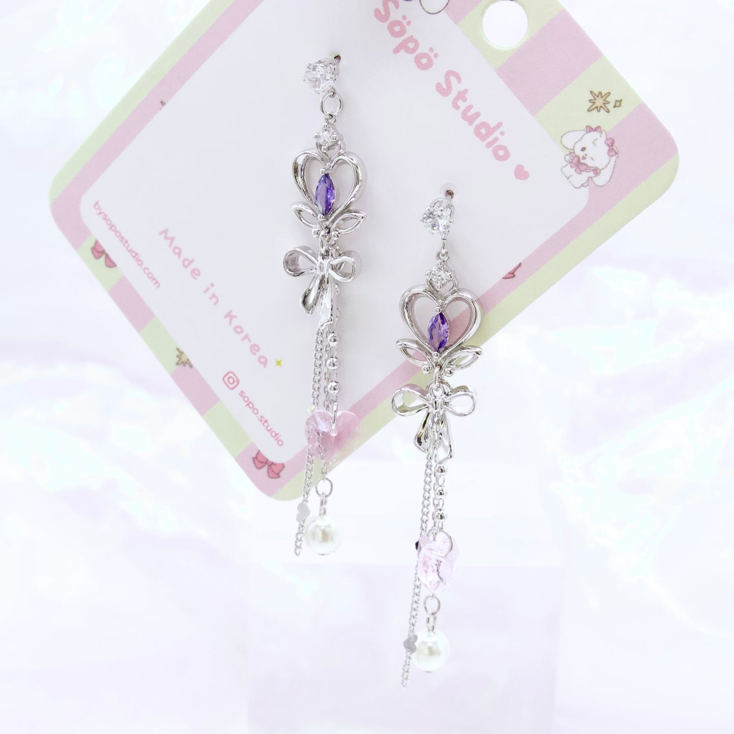 Purple Angel Heart Fairy Ribbon Korean Dainty Style Earrings