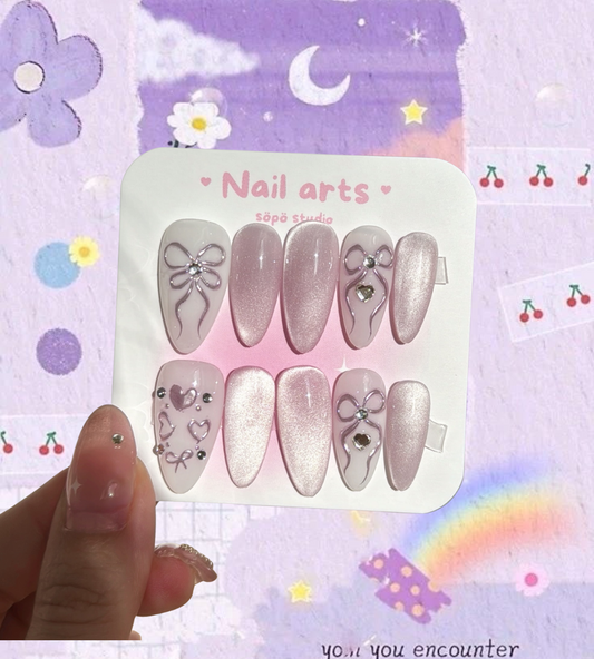 Handmade Y2K Purple Pastel Metallic Heart Press-on Nails