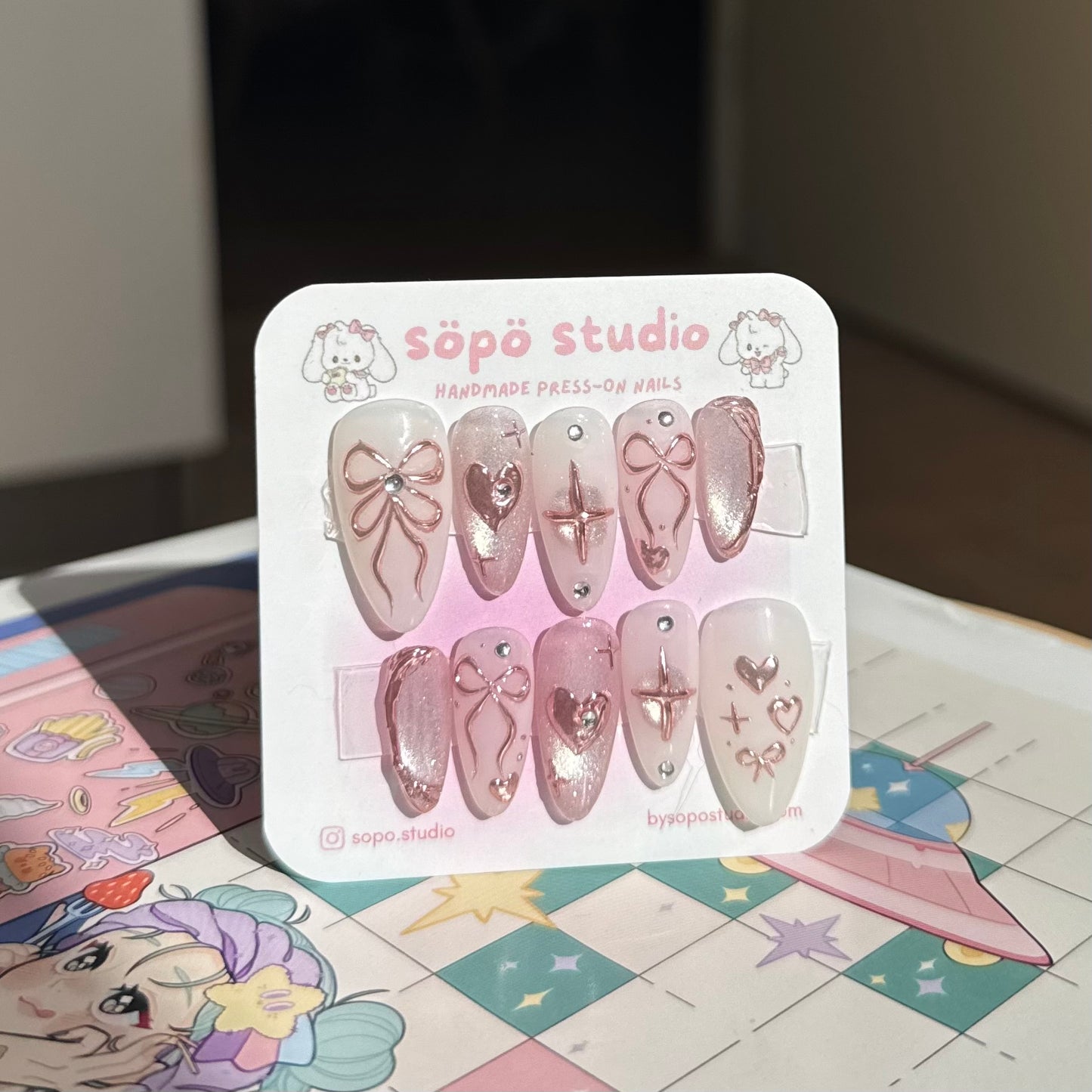 Ballerina Coquette Pink Cat Eyes Ribbon Handmade Press-on Nails