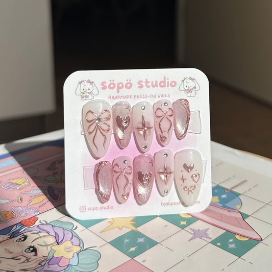 Ballerina Coquette Pink Cat Eyes Ribbon Handmade Press-on Nails