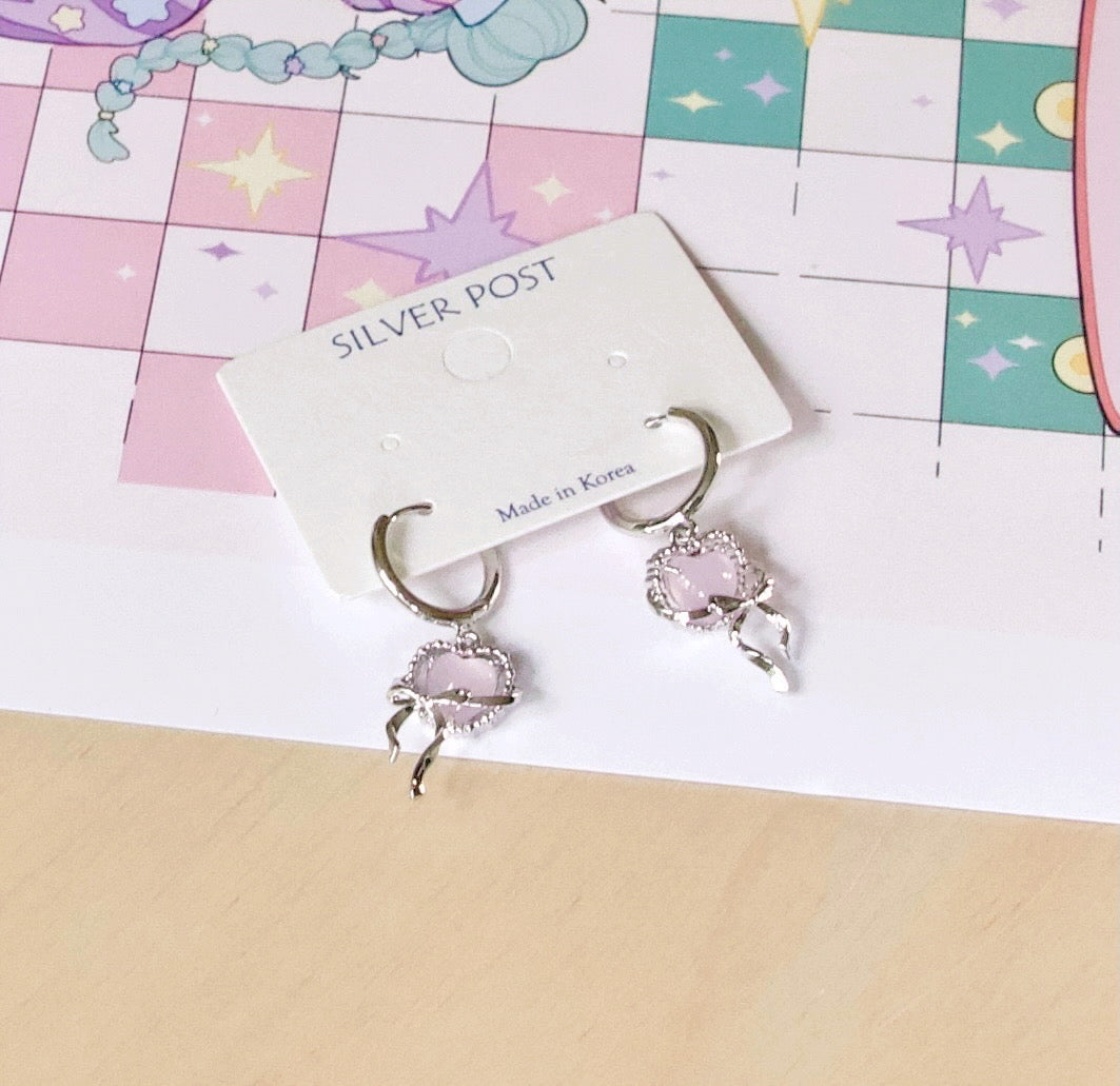 Heart Drop Ribbon Hoop Earrings - 2 colors