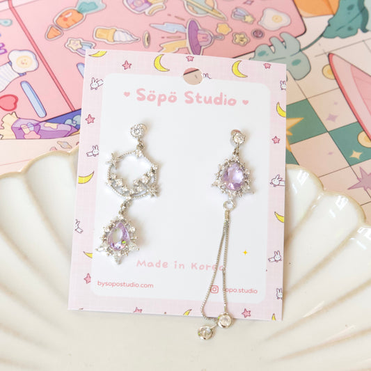 Mis-matched Crystal Chain Pastel Purple Drop Korean Earrings