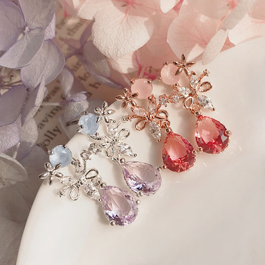 Korean Magical Flower Blossom Crystal Drop Dainty Earrings