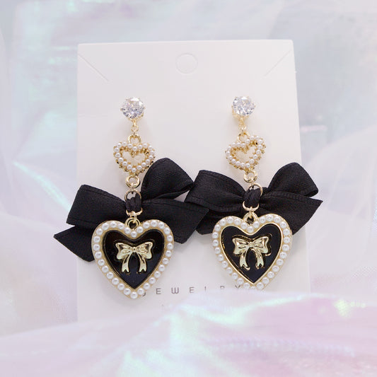 Korean Faux Black Bow Pearl Heart Drop Goth Lolita Earrings