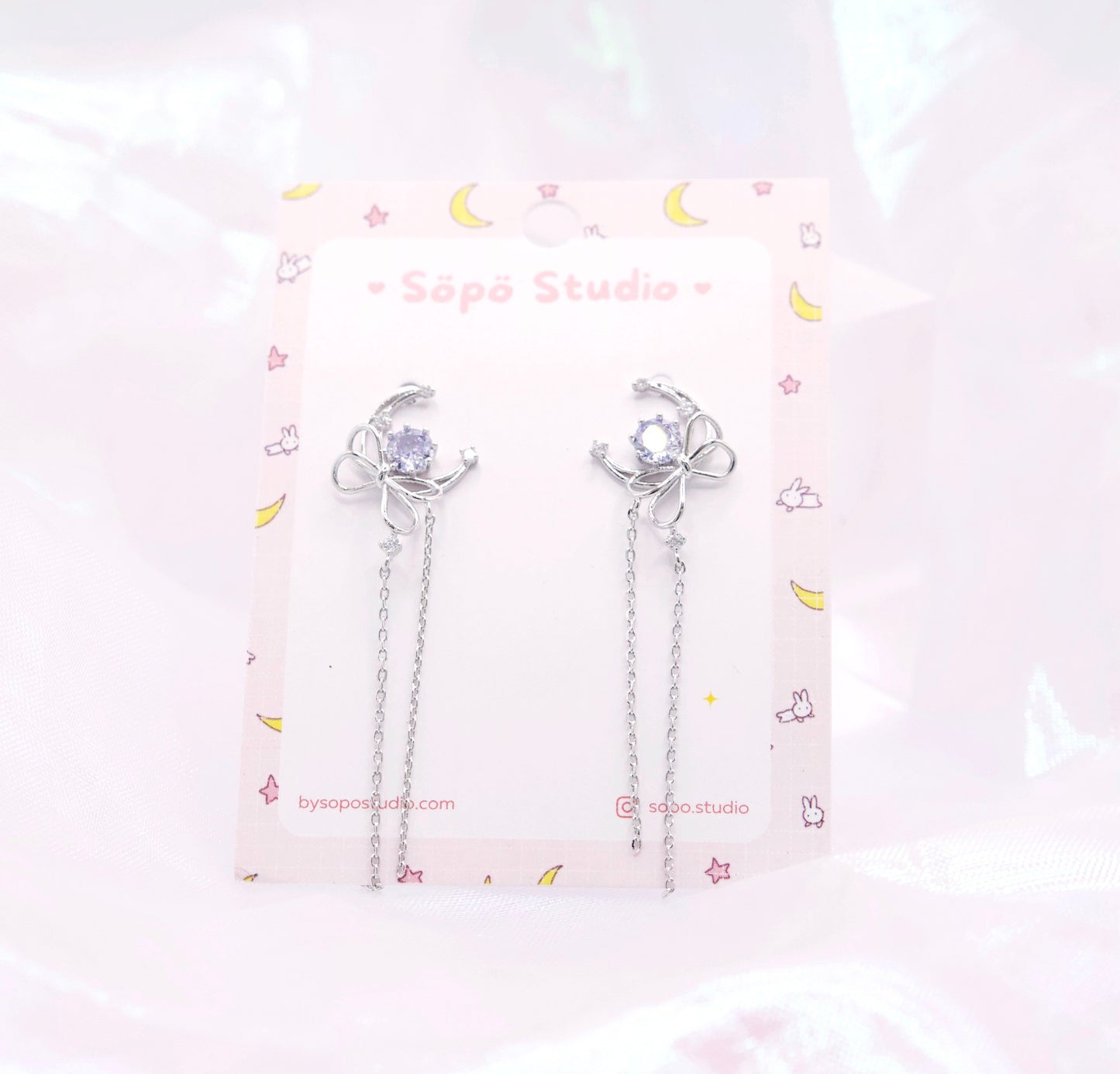 Crescent Moon Glitter Crystal Magical Chain Drop Earrings