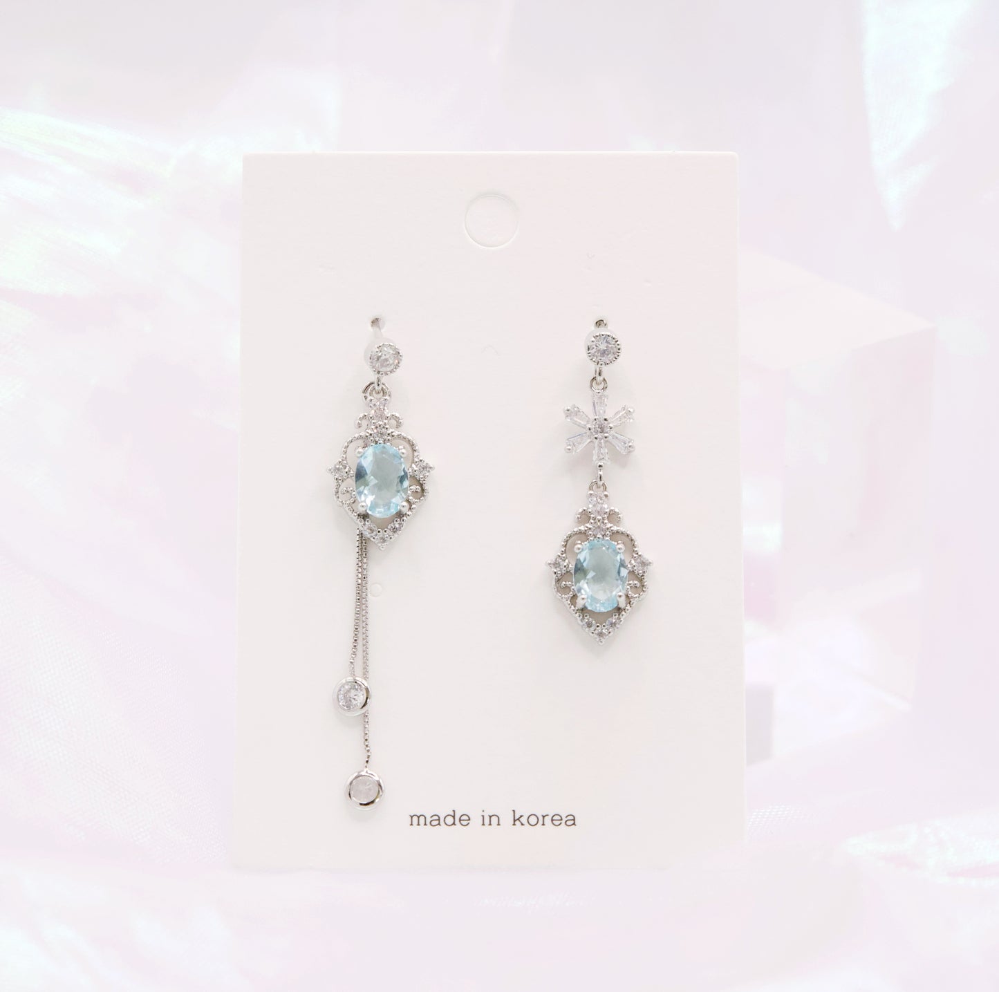 Mismatched Pastel Blue Crystal Heart Dainty Style Korean Earrings