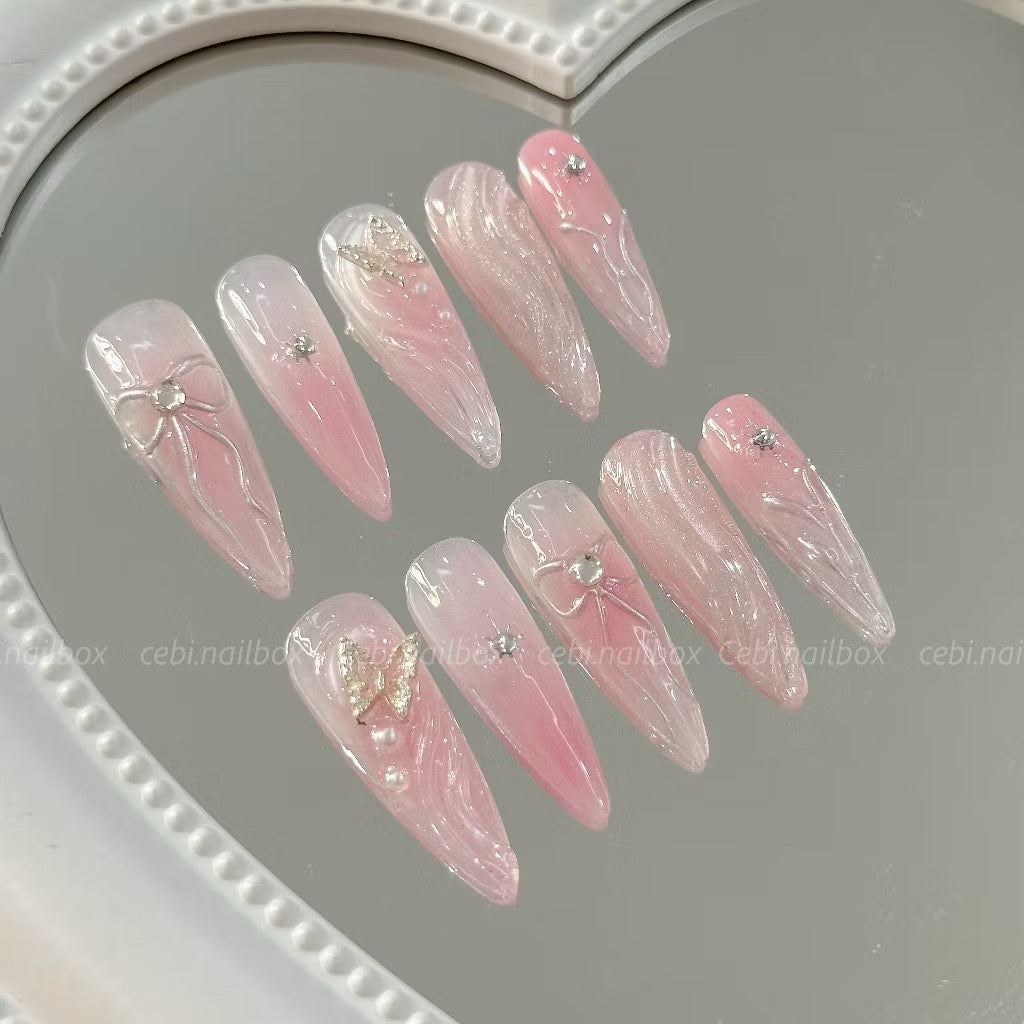 Handmade Gradients Korean Style Ribbon Y2K Cute Press-on Nails