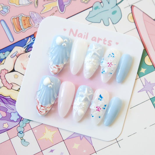 Beach Shellfish Ocean Themed Hand Draw Handmade Press-on Nails