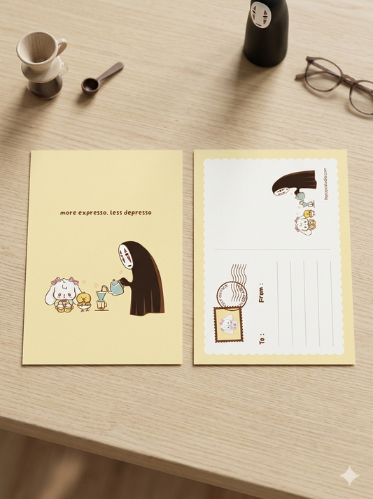 More expresso, less depresso A6 Postcard - Art by Söpö Studio