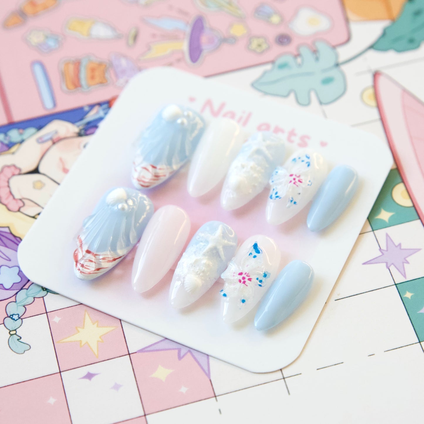 Beach Shellfish Ocean Themed Hand Draw Handmade Press-on Nails