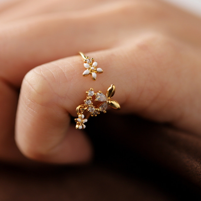 Butterfly Flower Drop Pinkie Ring Made in Korea - 2 colors