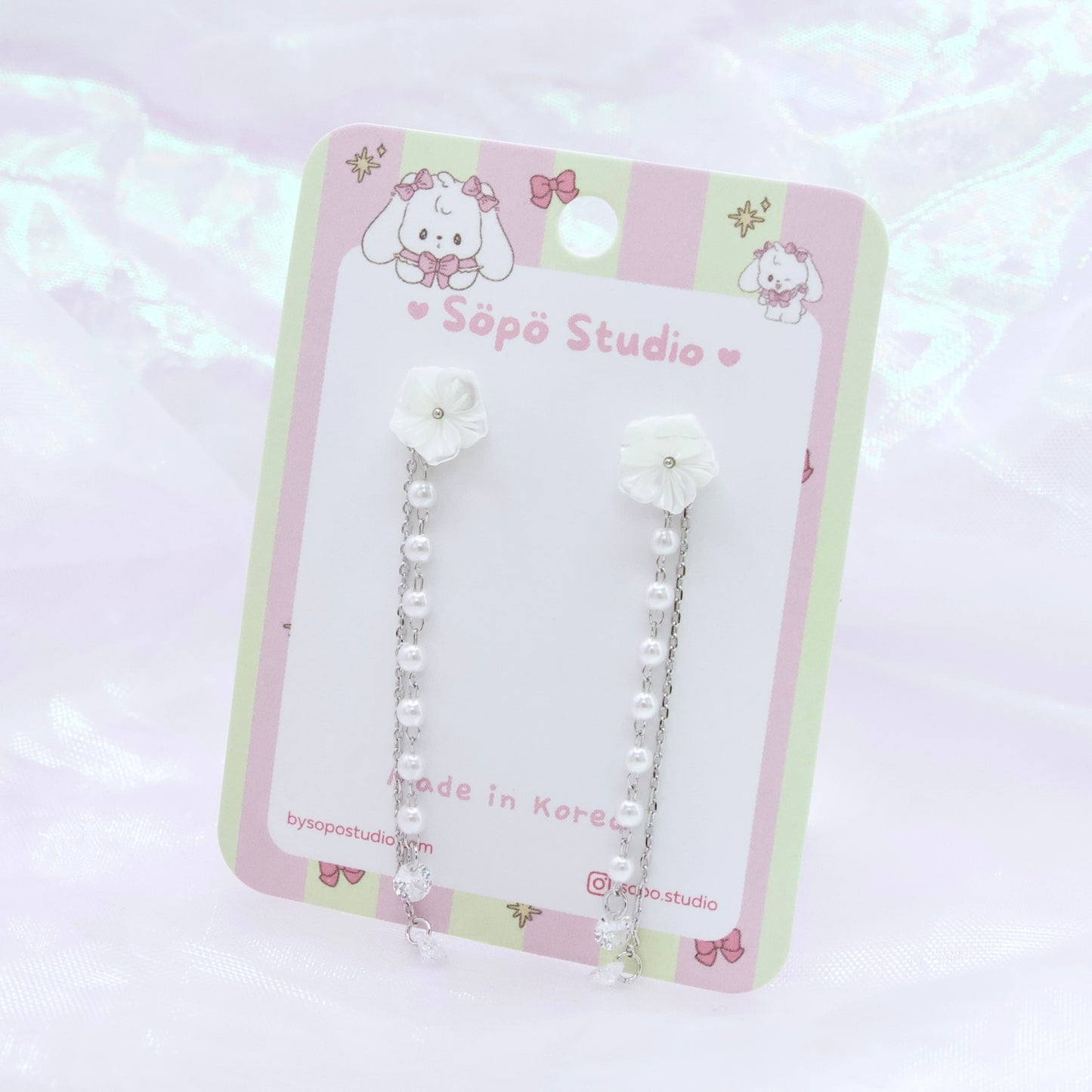 Mother of Pearl Flower Chain Drop Korean Elegant Dainty Style Earrings