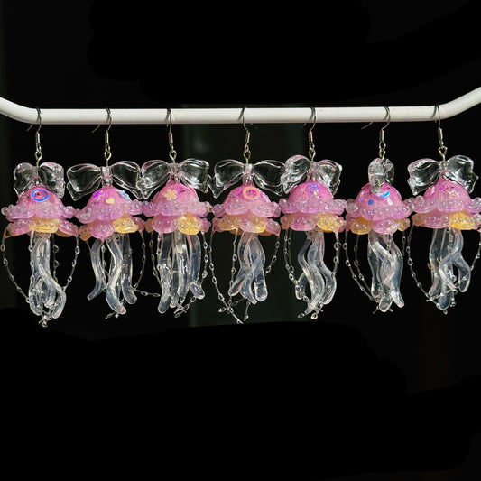 Handmade Jellyfish Stainless Steel Hook Earrings - Pink Yellow