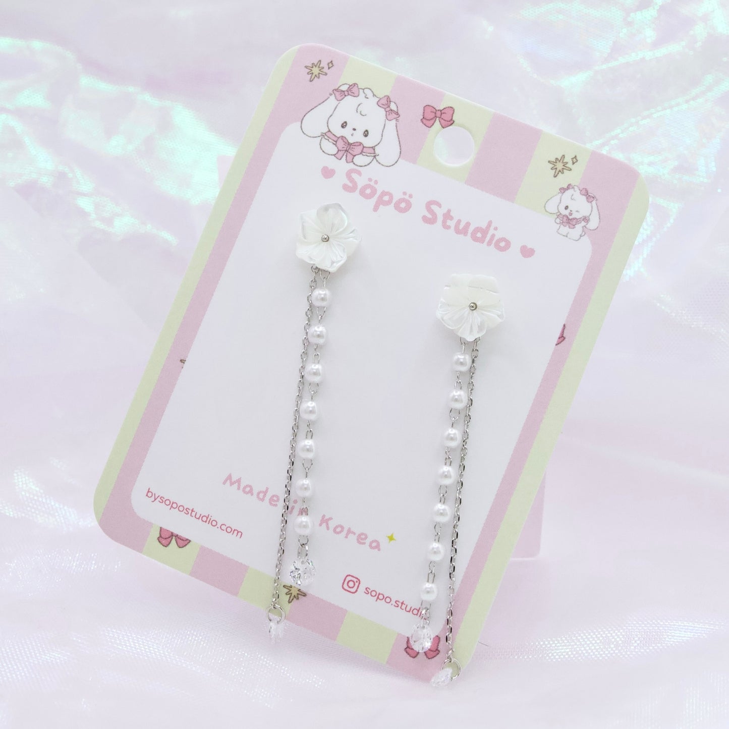 Mother of Pearl Flower Chain Drop Korean Elegant Dainty Style Earrings