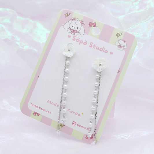 Mother of Pearl Flower Chain Drop Korean Elegant Dainty Style Earrings