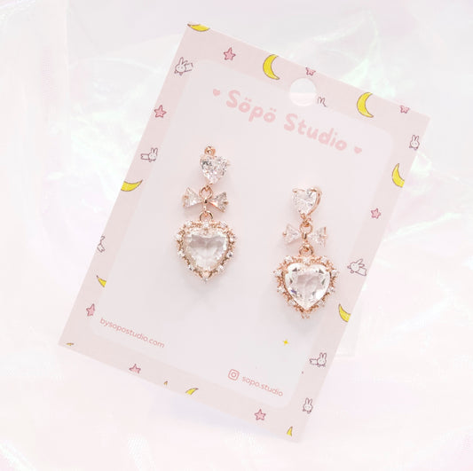 Statement Kawaii Heart Crystal Bow Dangle Korean Dainty Style Earrings