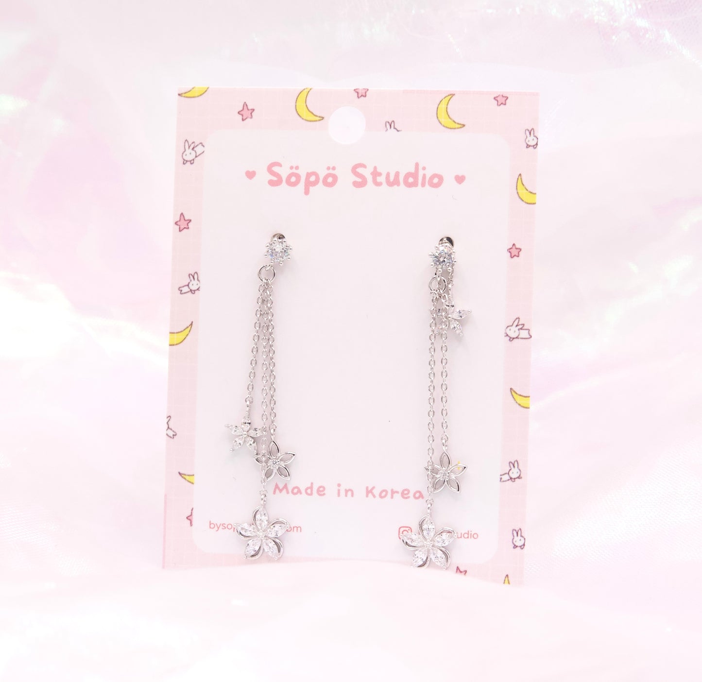 Crystal Flower Triple Chain Drop Dangle Korean Dainty Style Earrings