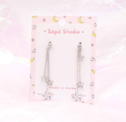 Crystal Flower Triple Chain Drop Dangle Korean Dainty Style Earrings