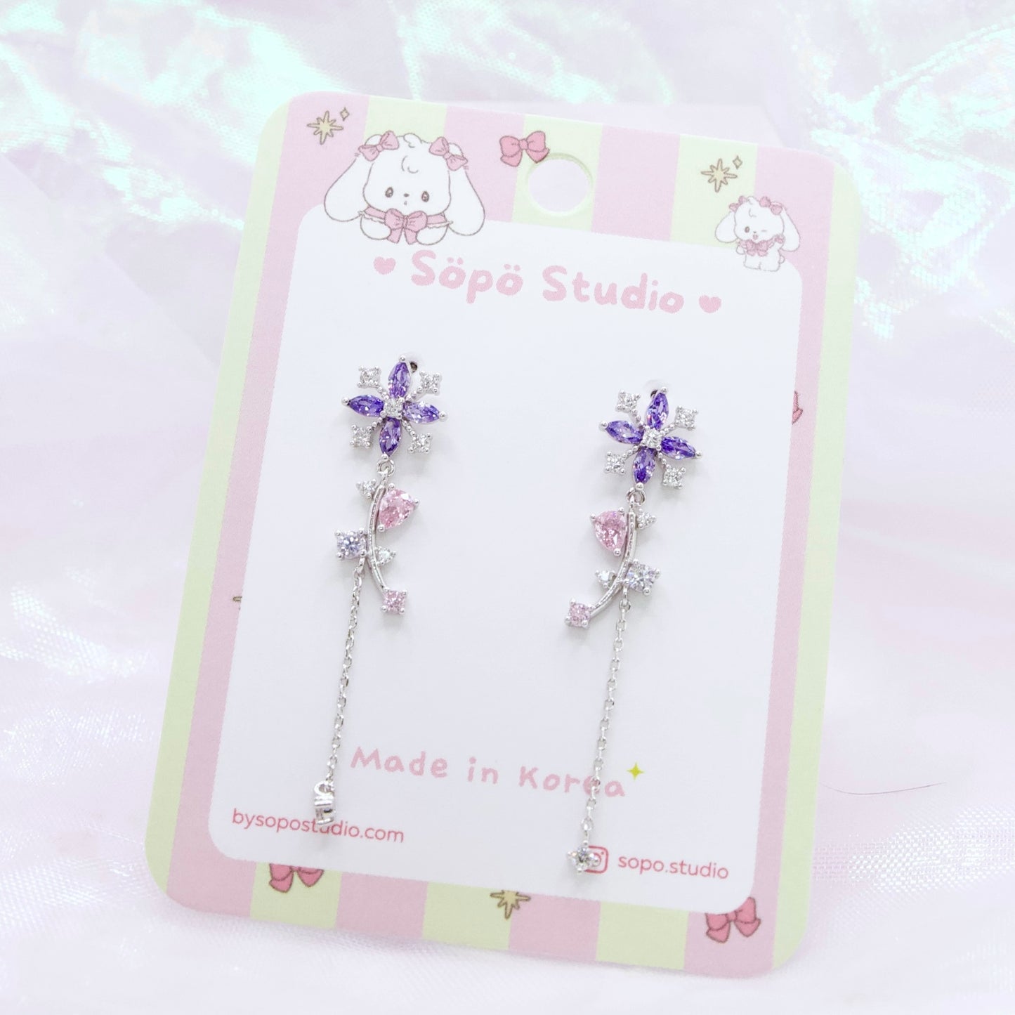 Purple Glass Flower Korean Chain Drop Dainty Style Earrings