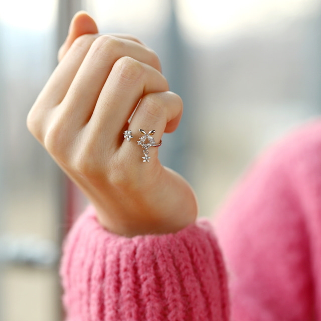 Butterfly Flower Drop Pinkie Ring Made in Korea - 2 colors