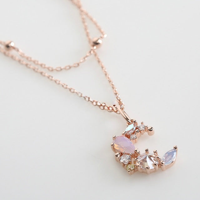 Layer Crystal Crescent Moon Cute Korean Necklace - 2 colors