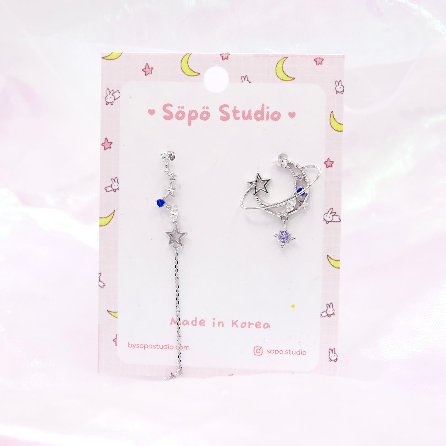 Asymmetric Saphire Blue Moon Planet Dangle Korean Dainty Style Earrings