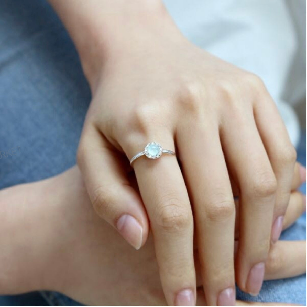 Natural Stone Sterling Silver Ring Made in Korea - Aquamarine/Rose Quartz